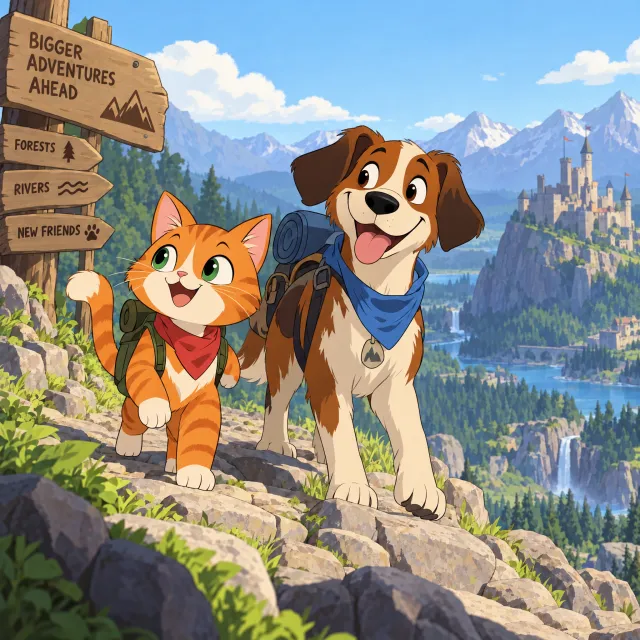 A cartoon of a cat and a dog on an adventure, drawn in a colorful 2D style. - GPT Image 2.5 Sunburst