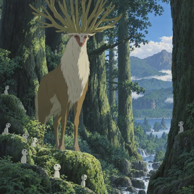 A forest spirit standing among tall trees. Replicate the artistic style of 'Princess… - OpenAI GPT Image 2.5 Sunburst