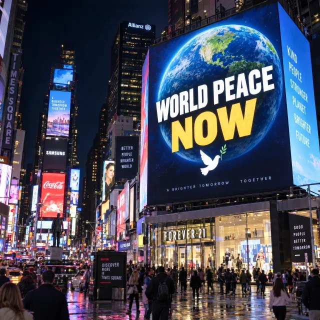 A large storefront billboard at Times Square displaying the slogan “WORLD PEACE NOW” in… - OpenAI GPT Image 2.5 Sunburst