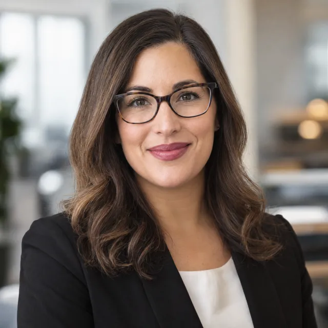 A professional headshot of a businesswoman wearing glasses, against a blurred background. - GPT Image 2.5 Sunburst