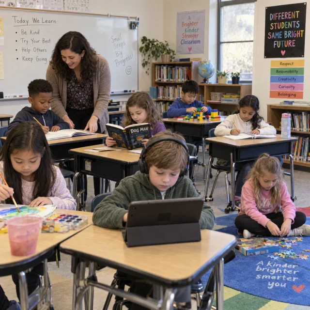 A school classroom of children and a teacher, each student engaged in a different activity. - GPT Image 2.5 Sunburst