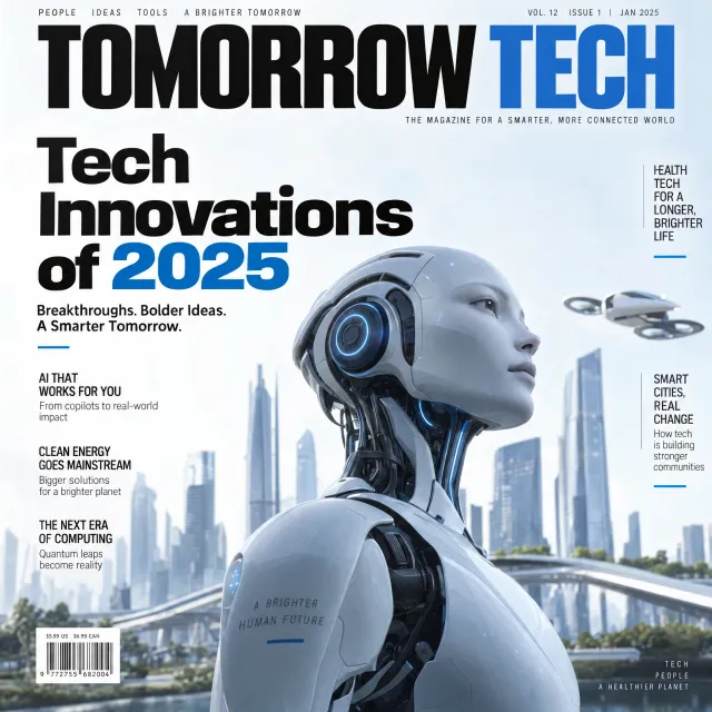 A technology magazine cover featuring the headline "Tech Innovations of 2025," clean… - OpenAI GPT Image 2.5 Sunburst