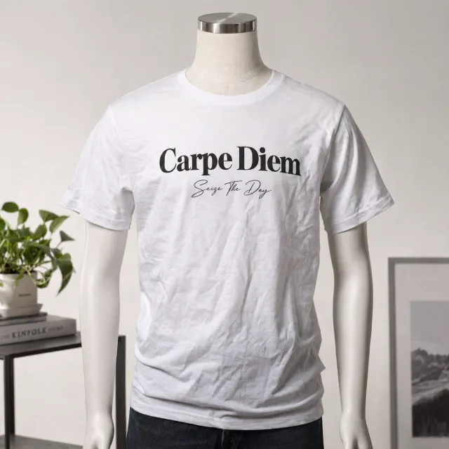 A wrinkled white T-shirt with "Carpe Diem" in bold serif font and "Seize The Day" in smaller script below it, modeled on a mannequin, professional product photography with soft-box lighting. - GPT Image 2.5 Sunburst