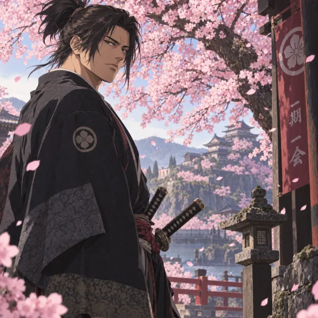 An anime-style portrait of a samurai standing under pink cherry blossoms. - GPT Image 2.5 Sunburst
