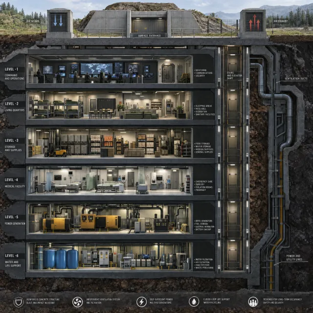 Cross-section rendering of a multi-level underground bunker with different functional… - OpenAI GPT Image 2.5 Sunburst