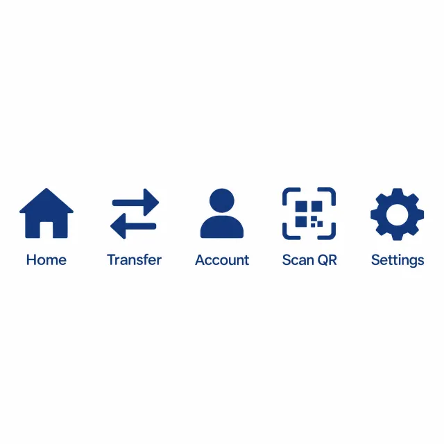 Set of 5 consistent flat design icons for a mobile banking app: 'Home', 'Transfer'… - OpenAI GPT Image 2.5 Sunburst