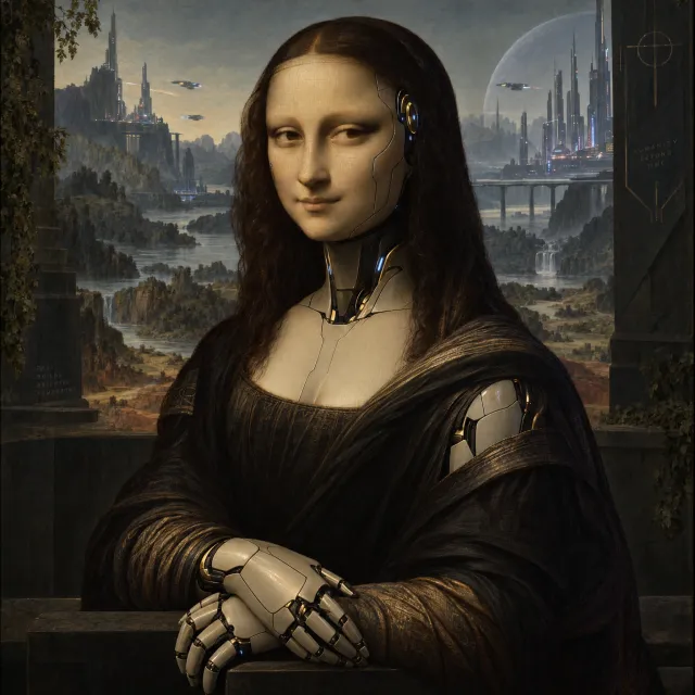 The Mona Lisa reimagined as a futuristic android, rendered in a digital art style that preserves Da Vinci's composition while incorporating sleek cyberpunk aesthetics and technological elements. - GPT Image 2.5 Sunburst