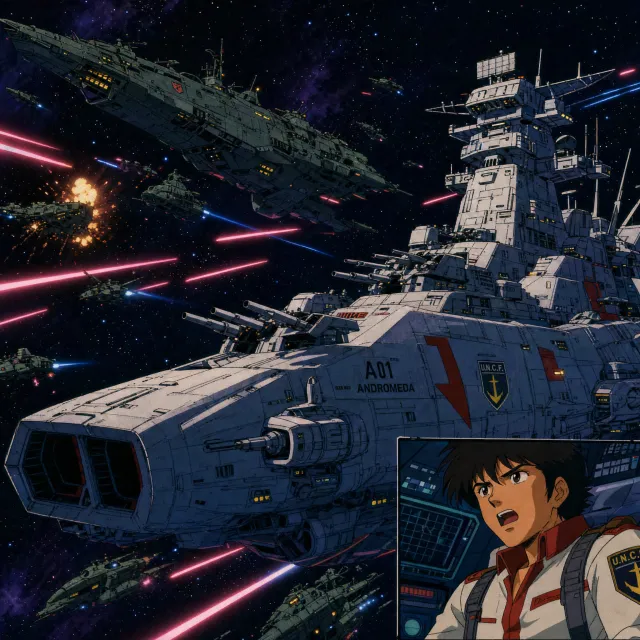 A 90s anime-style space battle scene with giant starships and laser beams. - GPT Image 2