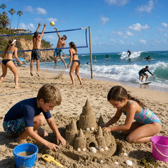A beach scene: adults playing volleyball, kids building sandcastles, and surfers riding… - OpenAI GPT Image 2