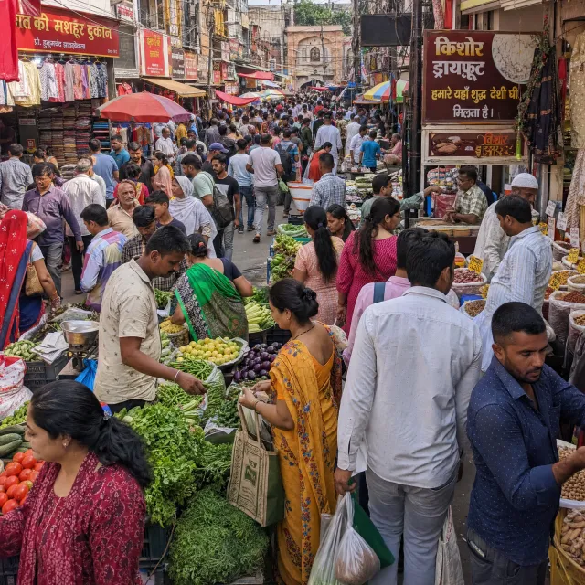 A bustling market scene with dozens of people buying and selling goods. - GPT Image 2