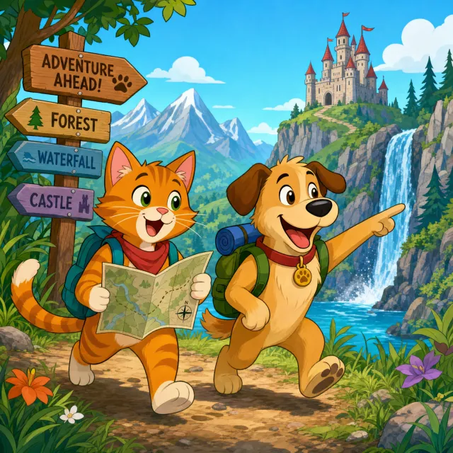 A cartoon of a cat and a dog on an adventure, drawn in a colorful 2D style. - GPT Image 2