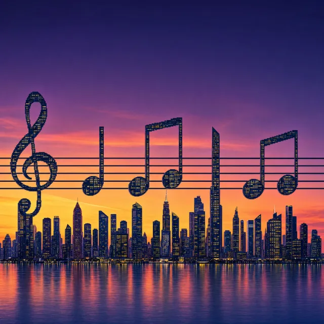 A city skyline that forms the shape of musical notes on a staff, created in a stylized graphic design aesthetic with clean architectural lines and dramatic twilight colors. - GPT Image 2