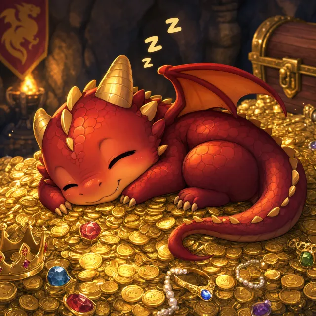 A cute chibi-style dragon sleeping on a pile of gold - OpenAI GPT Image 2