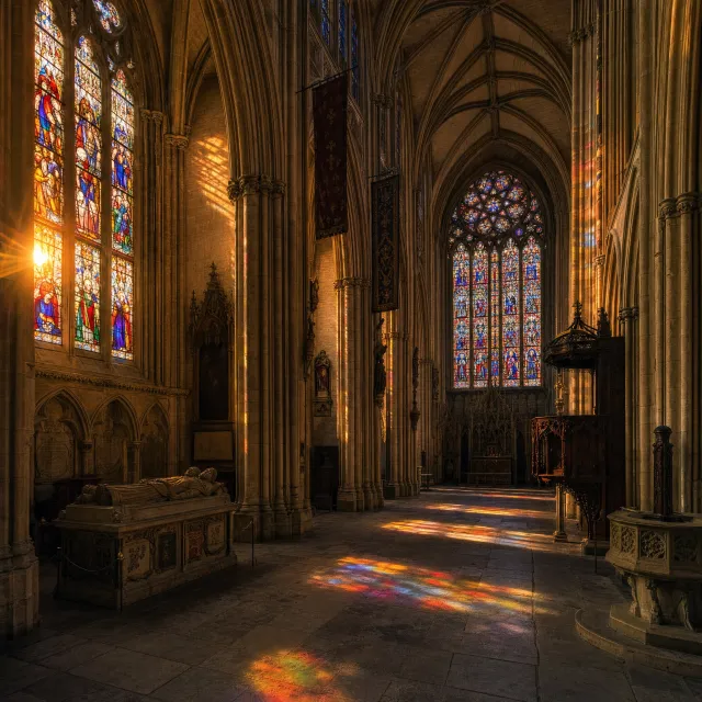 A Gothic cathedral interior at sunset with light streaming through detailed stained glass windows, creating colored patterns on stone floors and columns. Show accurate ribbed vaulting. - GPT Image 2