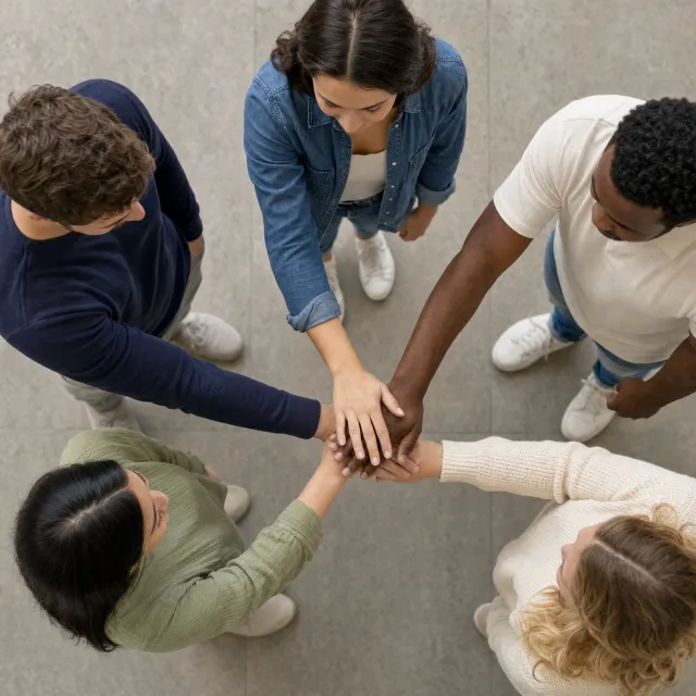 A group of five people joining hands in a circle, seen from above. - GPT Image 2