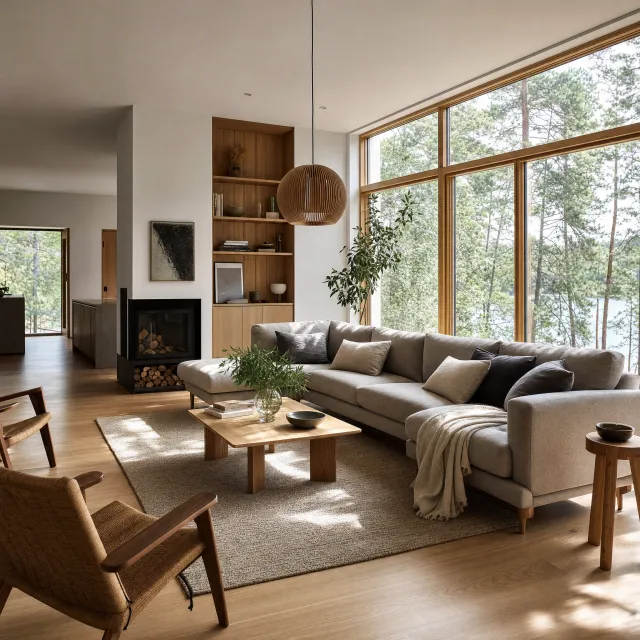 A photorealistic interior of a modern Scandinavian-style living room with natural light streaming through floor-to-ceiling windows. Show detailed wood textures, fabric materials, and proper light reflections. - GPT Image 2