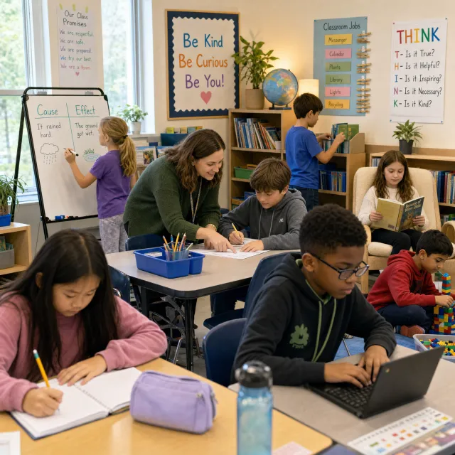 A school classroom of children and a teacher, each student engaged in a different activity. - GPT Image 2