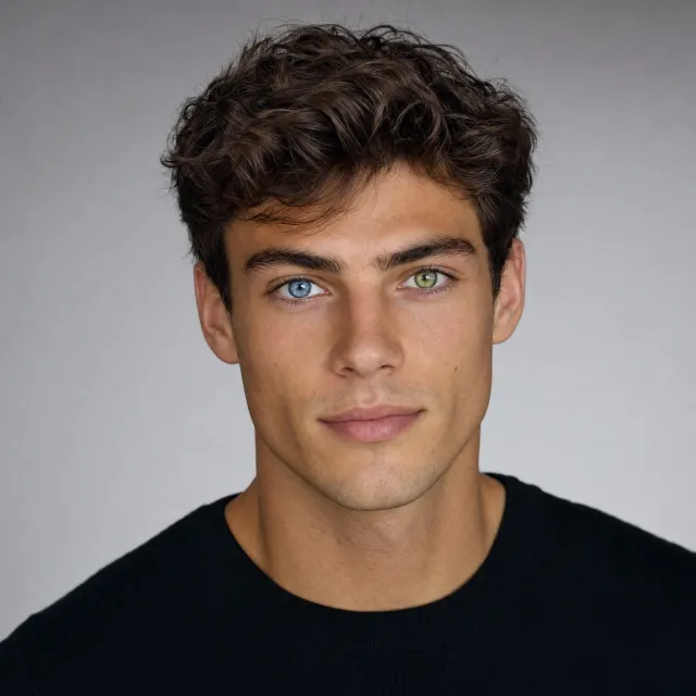A studio headshot of a young man with one blue eye and one green eye (heterochromia). - GPT Image 2
