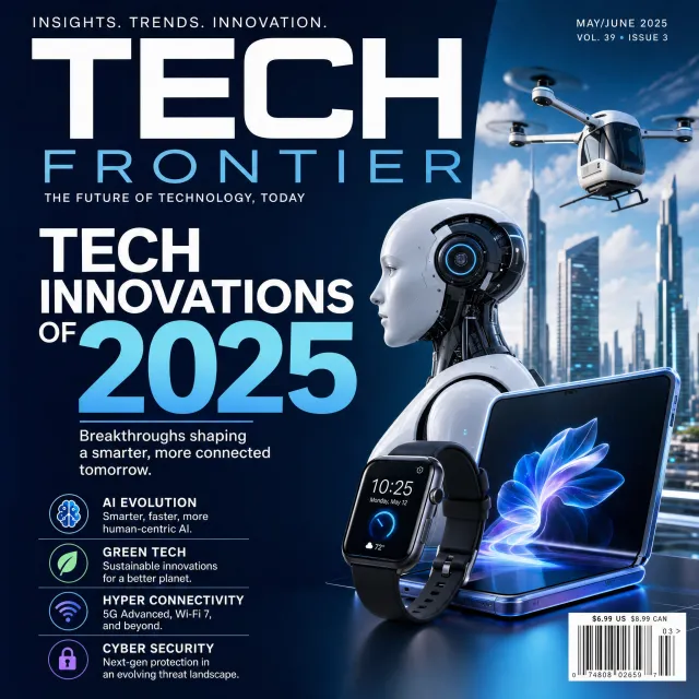 A technology magazine cover featuring the headline "Tech Innovations of 2025," clean… - OpenAI GPT Image 2