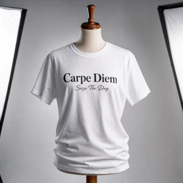 A wrinkled white T-shirt with "Carpe Diem" in bold serif font and "Seize The Day" in smaller script below it, modeled on a mannequin, professional product photography with soft-box lighting. - GPT Image 2