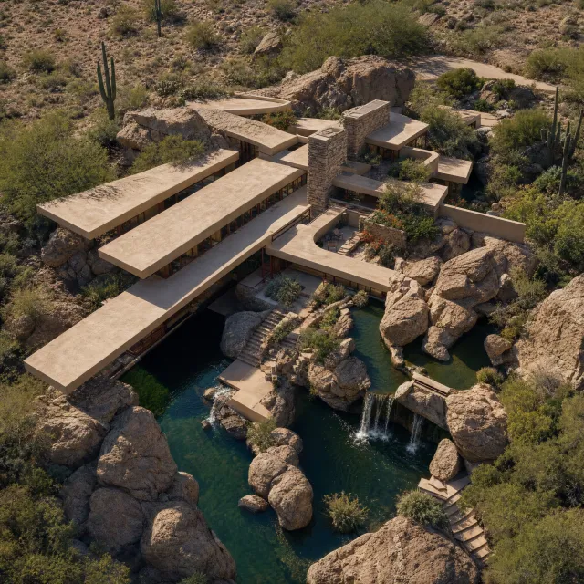 Aerial view of a modernist desert home, in the style of Frank Lloyd Wright's Fallingwater… - OpenAI GPT Image 2