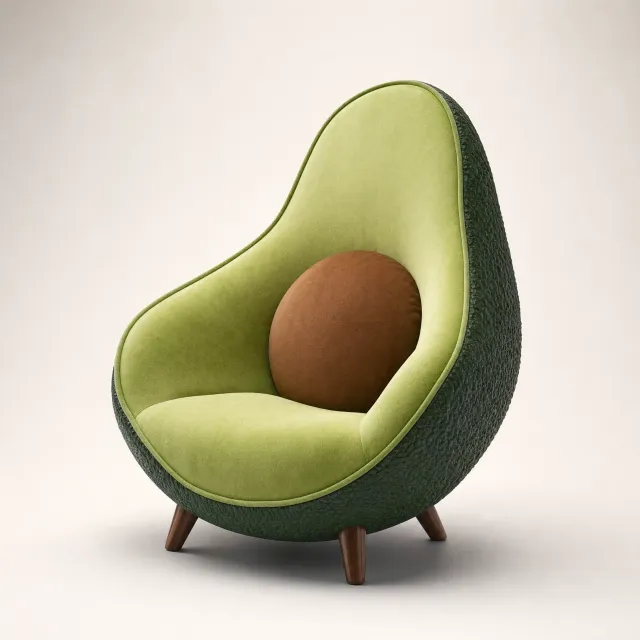 An armchair designed in the shape of an avocado, presented in a contemporary product photography style with professional studio lighting against a minimalist background. - GPT Image 2