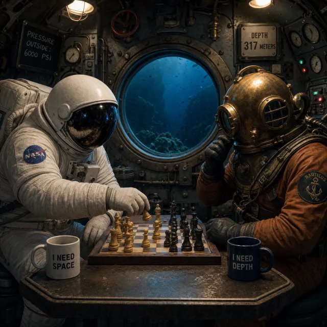 An astronaut and a deep-sea diver playing chess together inside a submarine. - GPT Image 2