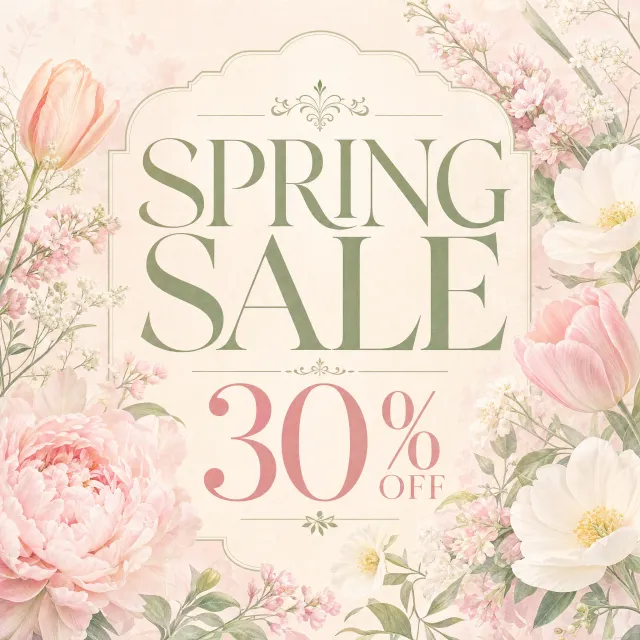 Instagram post graphic: 'SPRING SALE 30% OFF'. Floral background, pastel colors, elegant serif font style visually integrated. - GPT Image 2