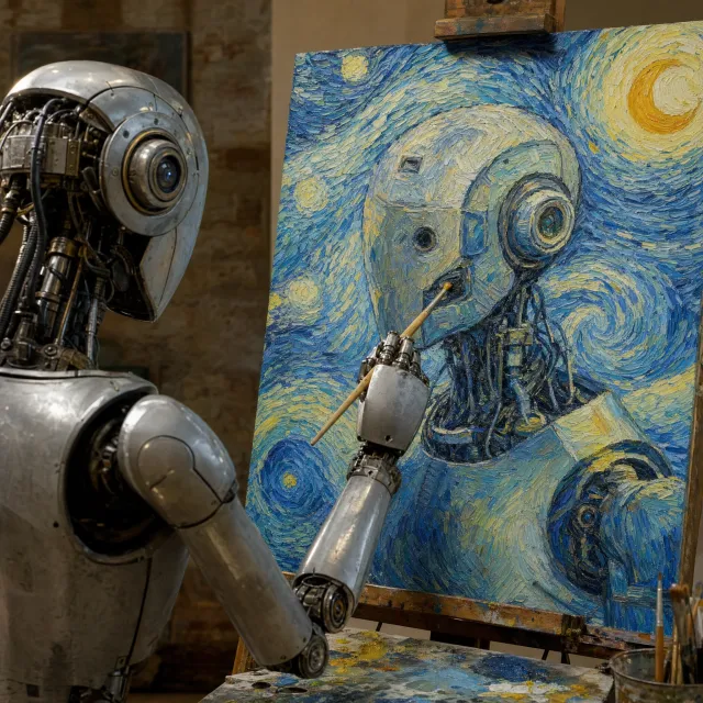 Photorealistic image of a robot painting a realistic self-portrait (i.e. the robot) on… - OpenAI GPT Image 2