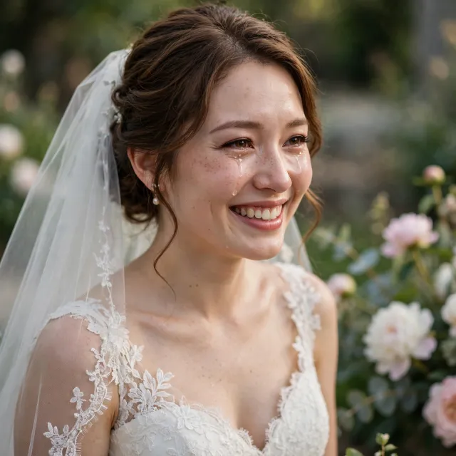 A bride on her wedding day, smiling with tears of joy in her eyes - Meta Muse Image