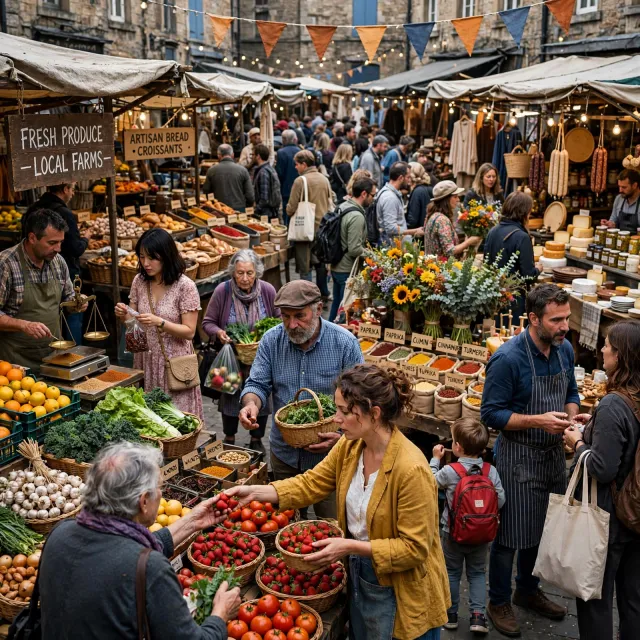 A bustling market scene with dozens of people buying and selling goods. - Muse Image