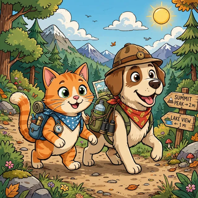 A cartoon of a cat and a dog on an adventure, drawn in a colorful 2D style. - Muse Image