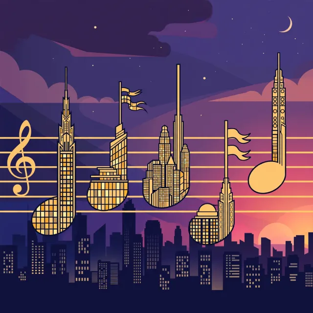 A city skyline that forms the shape of musical notes on a staff, created in a stylized graphic design aesthetic with clean architectural lines and dramatic twilight colors. - Muse Image