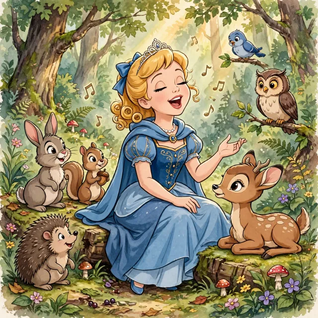 A classic Disney-like 2D cartoon princess singing with animals in a forest. - Muse Image