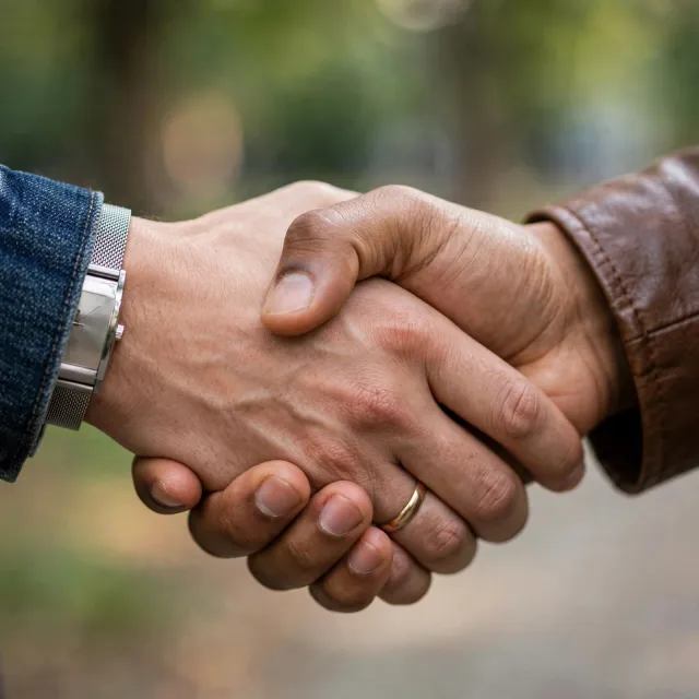 A close-up of two people shaking hands, both hands fully visible with five fingers each, in sharp focus against a blurred background. - Muse Image