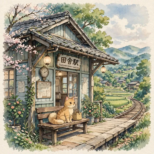 A countryside train station with a cat waiting on a bench. Rendered in Studio Ghibli animation style with Miyazaki's watercolor backgrounds and hand-drawn quality. - Muse Image