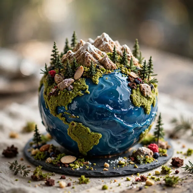 A dessert cake that looks like a tiny planet, complete with miniature trees and mountains, photographed in a professional food photography style with tilt-shift focus effect. - Muse Image