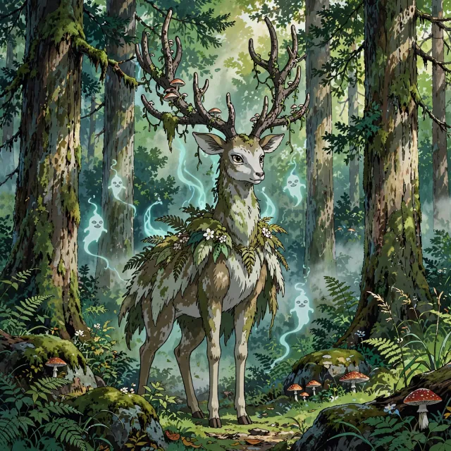 A forest spirit standing among tall trees. Replicate the artistic style of 'Princess Mononoke' by Studio Ghibli, with Miyazaki's detailed environments and mystical creature design. - Muse Image