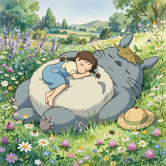 A girl and a giant fluffy creature napping in a wildflower meadow. Reproduce the art… - Meta Muse Image
