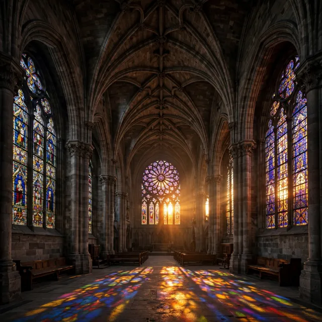 A Gothic cathedral interior at sunset with light streaming through detailed stained glass windows, creating colored patterns on stone floors and columns. Show accurate ribbed vaulting. - Muse Image