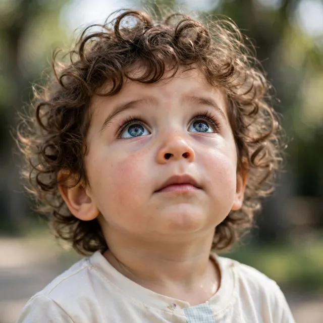 A hyper-realistic photo of a toddler with curly hair and big eyes, looking upward - Meta Muse Image
