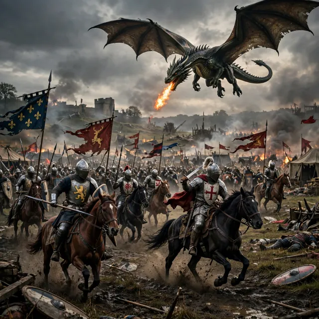 A medieval battlefield with knights on horseback and a dragon flying overhead - Meta Muse Image