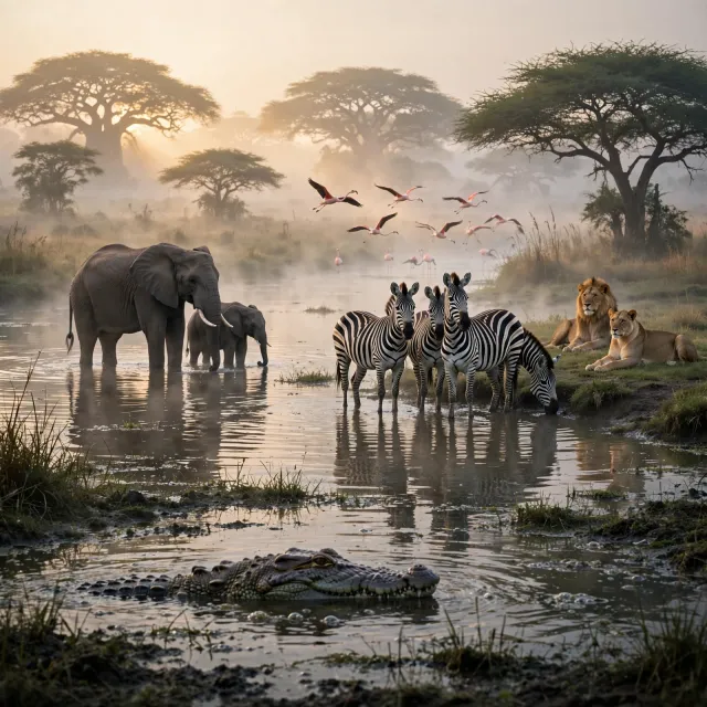 A misty dawn at an African savanna watering hole where elephants, lions, and zebras coexist in tense harmony, with a crocodile partially submerged in the foreground and flamingos taking flight in the background, golden hour lighting. - Muse Image
