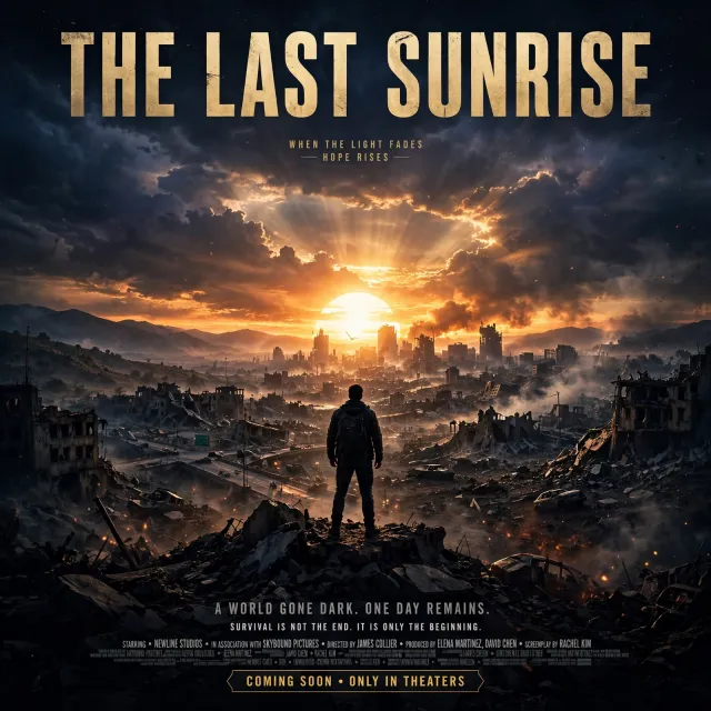 A movie poster for a fictional film titled "The Last Sunrise". Dramatic Hollywood design style. - Muse Image