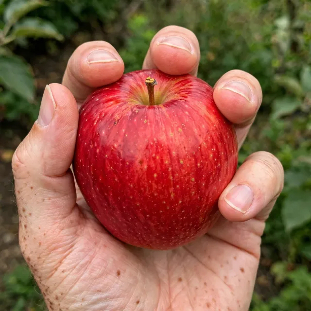 A realistic photo of a hand holding a red apple, with all fingers clearly visible. - Muse Image