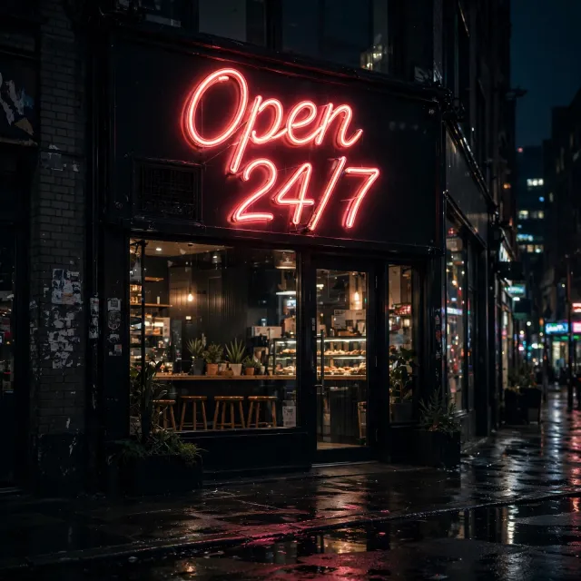 A storefront sign that says "Open 24/7" in neon lights, nighttime urban photography - Meta Muse Image