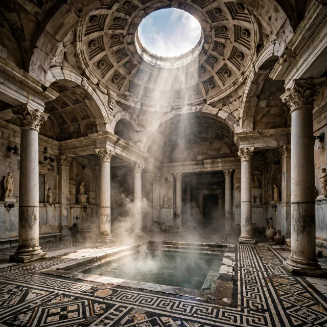 An ancient Roman bathhouse interior with accurate architectural details - marble columns, mosaic floors, arched ceilings, and steam rising from pools. Natural light from oculus openings. - Muse Image
