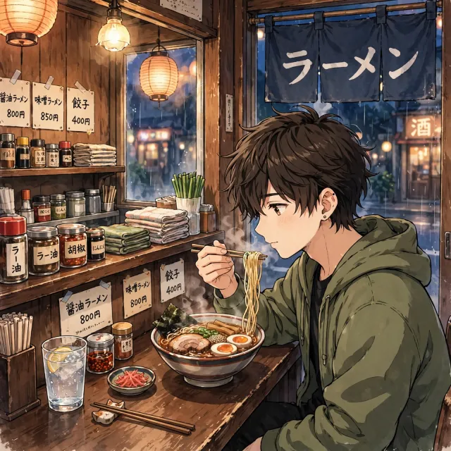 An anime scene of a character eating ramen at a small shop counter (slice-of-life style). - Muse Image