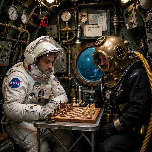 An astronaut and a deep-sea diver playing chess together inside a submarine. - Muse Image