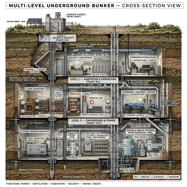 Cross-section rendering of a multi-level underground bunker with different functional areas, structural support systems, ventilation, and power generation facilities visible. - Muse Image